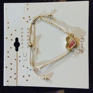 LC Lauren Conrad Gold Heart w/ Pink, Red & White Beaded Adjustable Bracelet